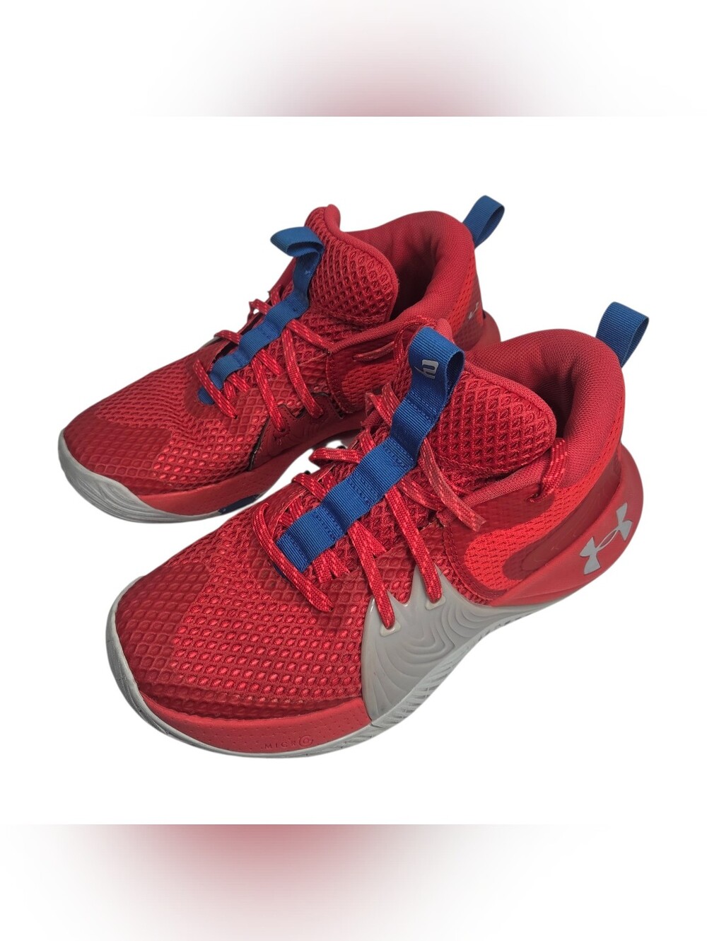 Under Armour Red Athletic Sneakers with Blue Pull Tabs. Size M 9.5/ W 11